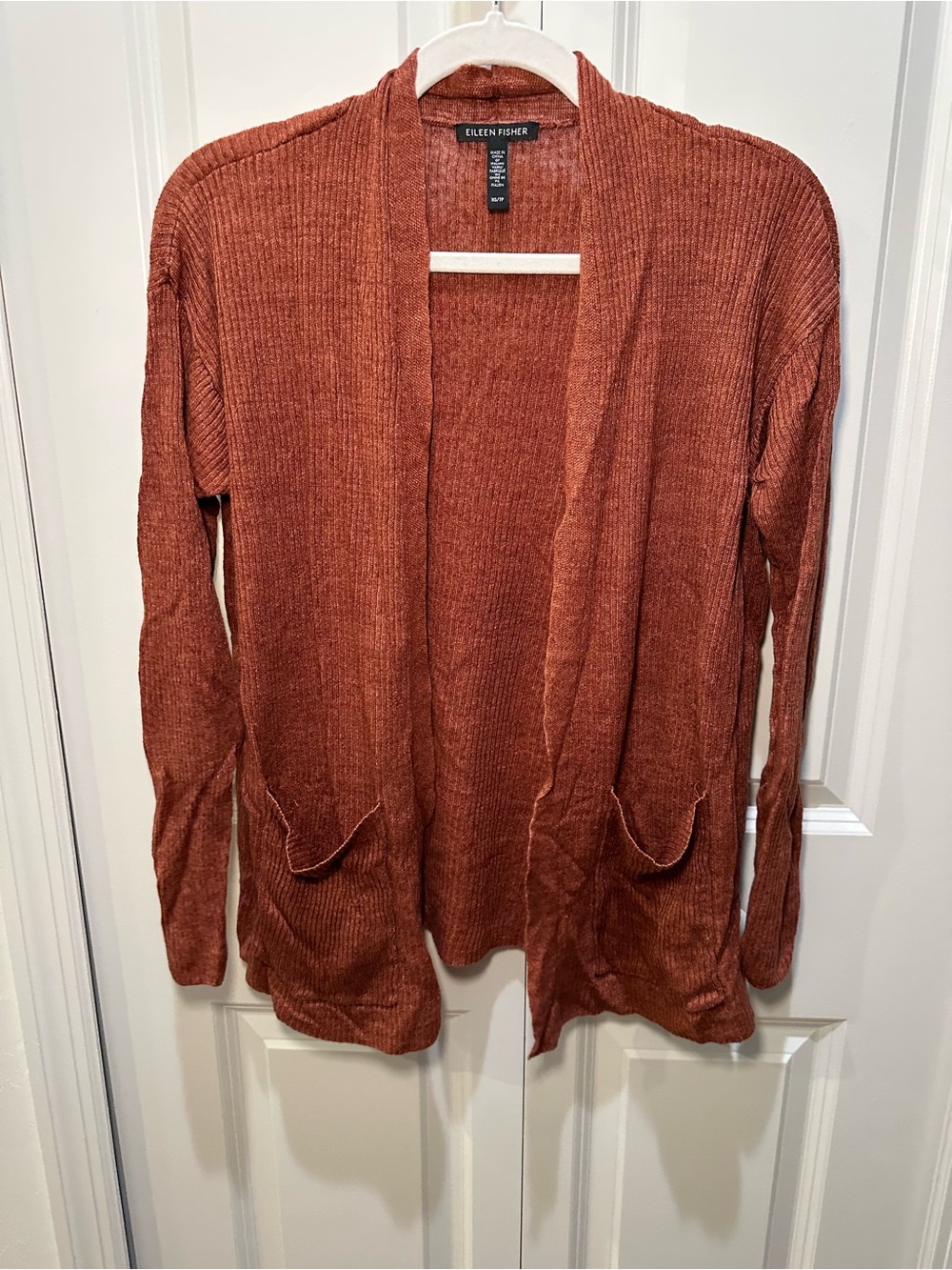 Eileen Fisher Rust Open-Front Ribbed Cardigan 100% Organic Linen